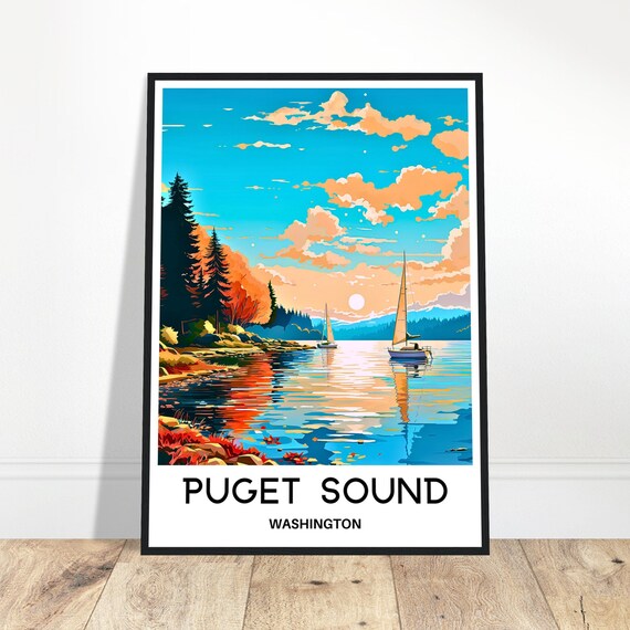 Puget Sound Travel Print Poster Art Washington Lover Gift Wall Hanging Home Office Room Desk Decor Illustration
