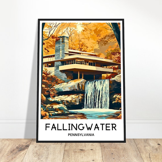 Fallingwater Pennsylvania Travel Poster Autumn Architecture Illustration