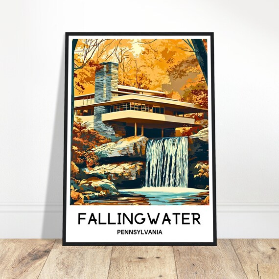 Fallingwater Travel Print Poster Art Pennsylvania Lover Gift Wall Hanging Home Office Decor Illustration
