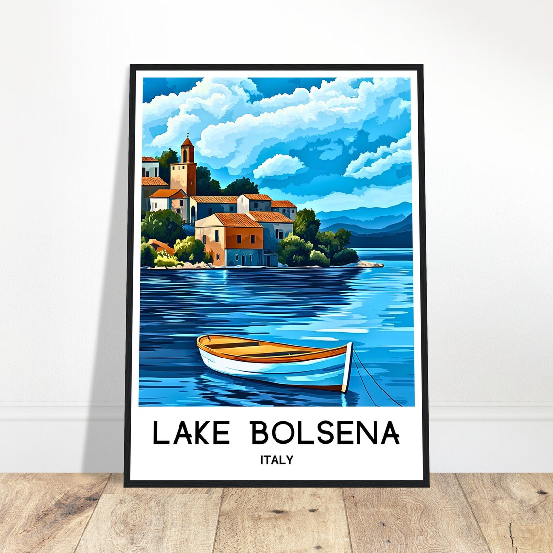 Lake Bolsena Italy Lakeside Village With Rowboat on Water Poster