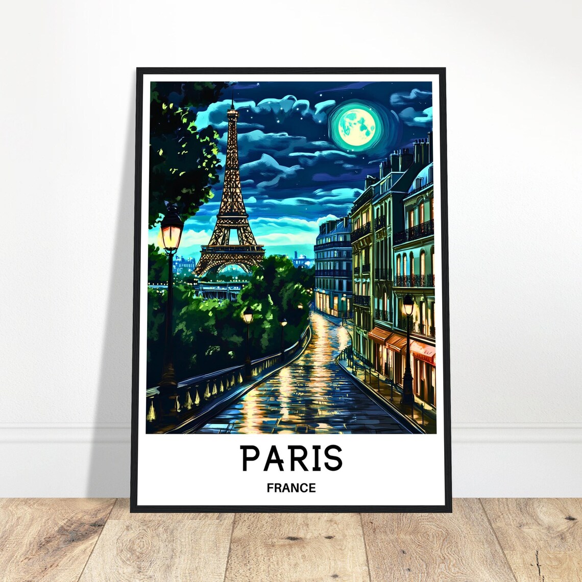 Paris Eiffel Tower at Night Under a Bright Full Moon Travel Poster