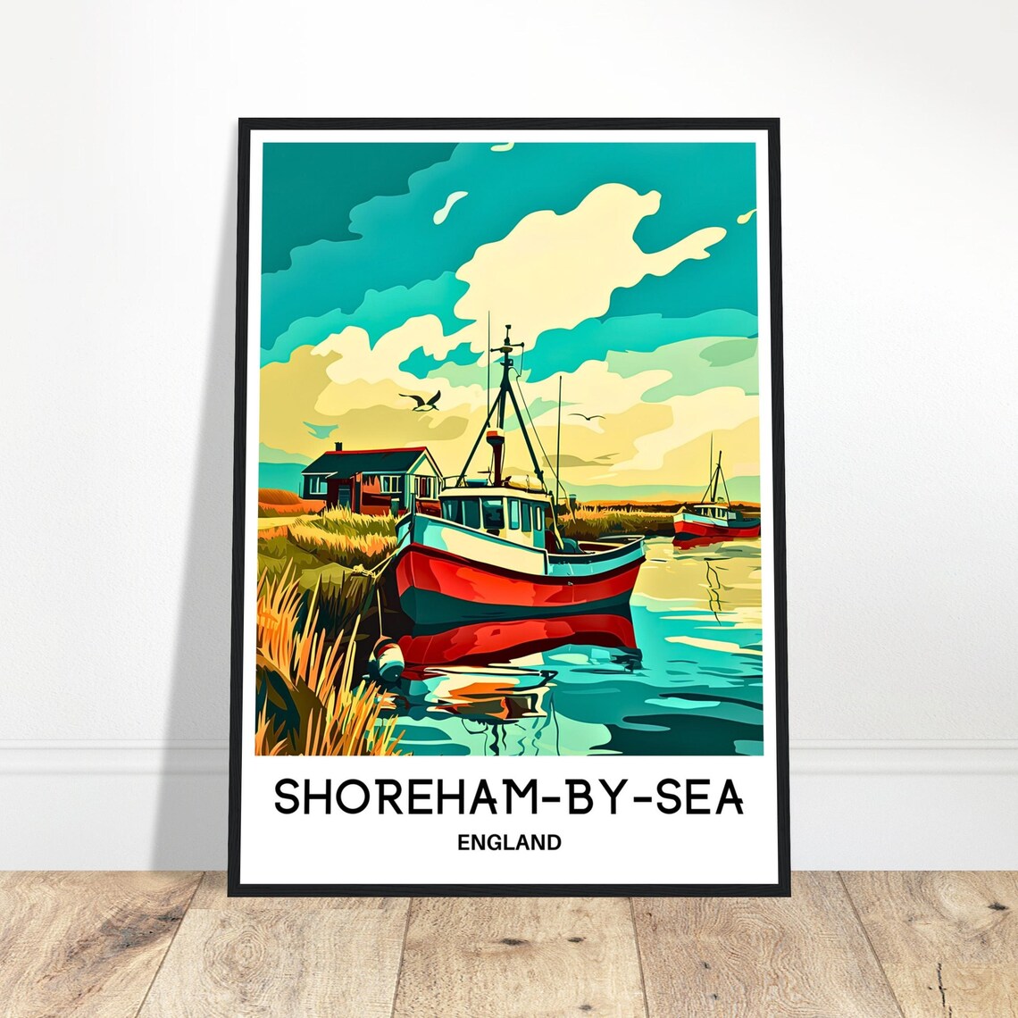 Shoreham by Sea England Travel Poster Fishing Boats Sunset Artwork