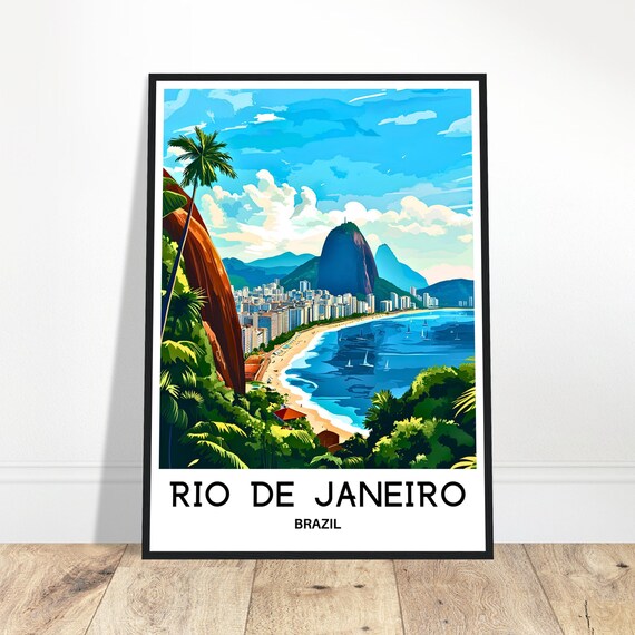 Rio de Janeiro Brazil Travel Poster Sugarloaf Beach City Skyline Illustration