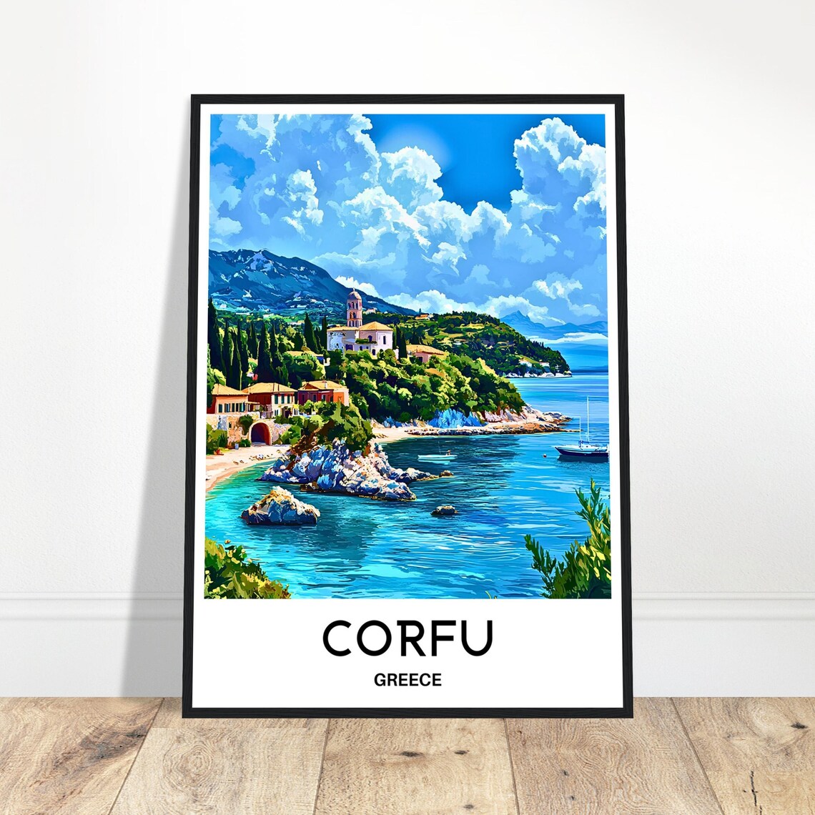 Vibrant Corfu Greece Coastal Town Church Bay Island Travel Poster