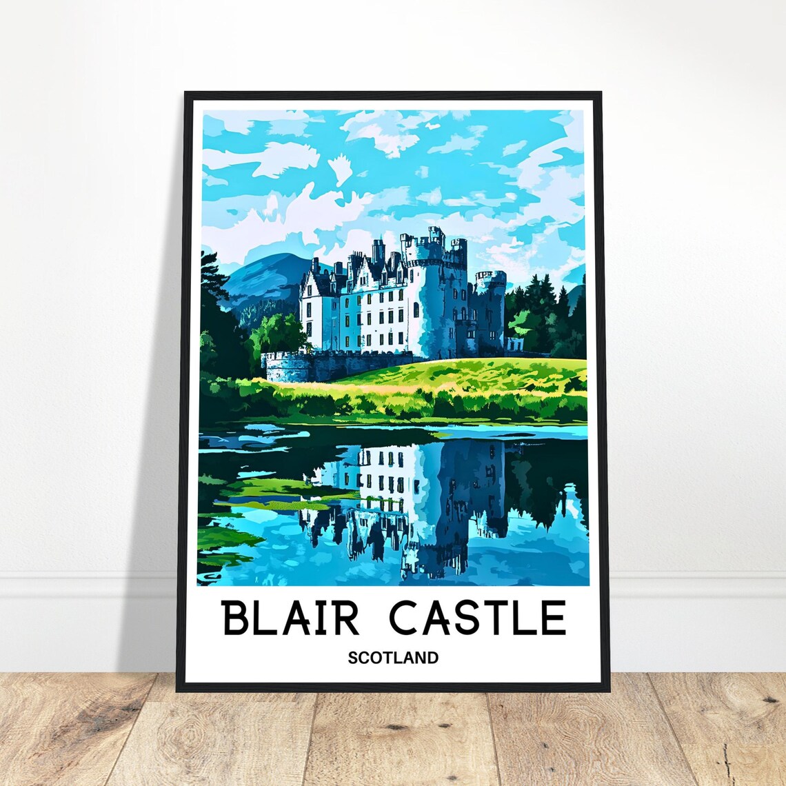 Blair Castle Scotland Loch Reflection Historic Travel Poster