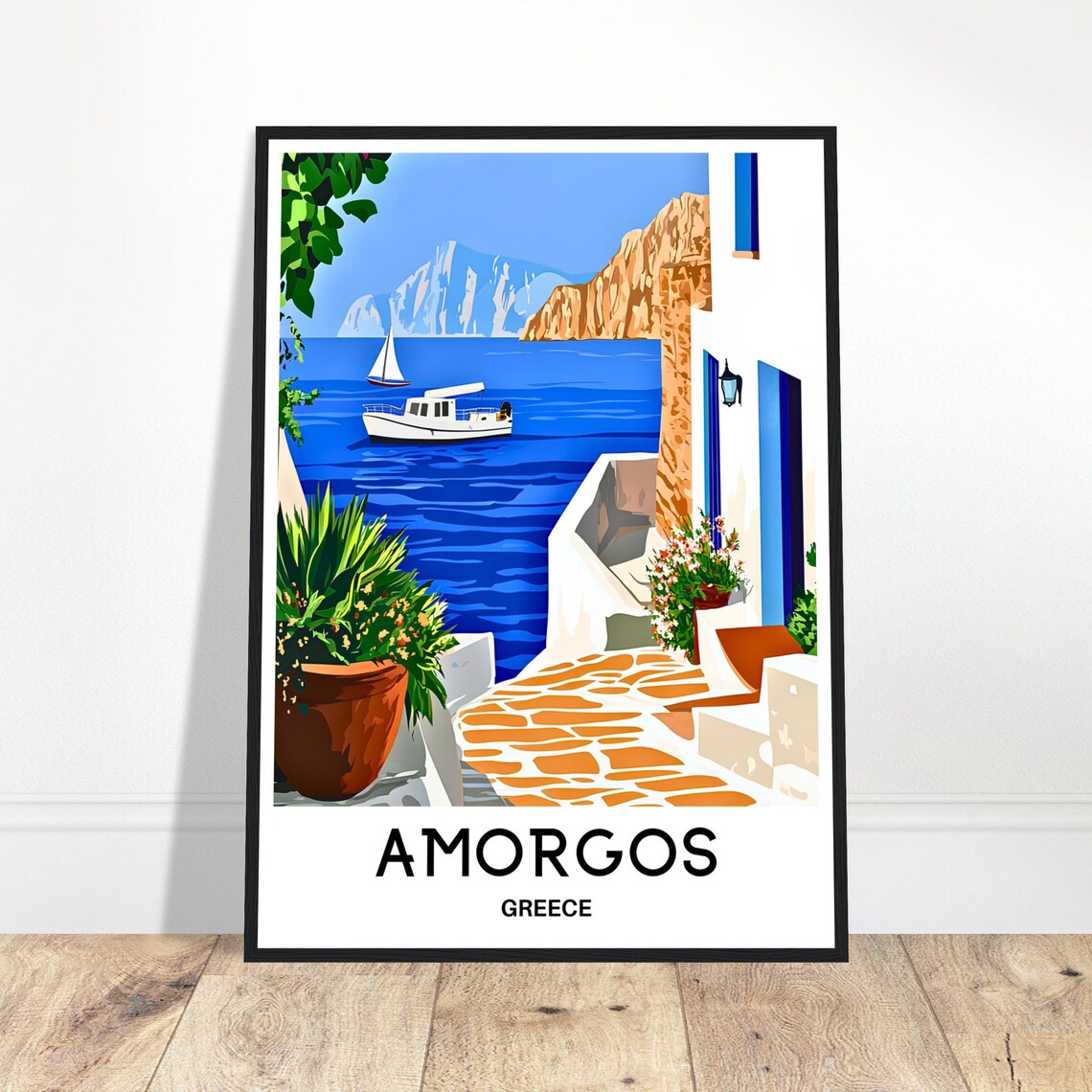 Amorgos Greece Whitewashed Harbor Boats Aegean Blue Sea Travel Poster