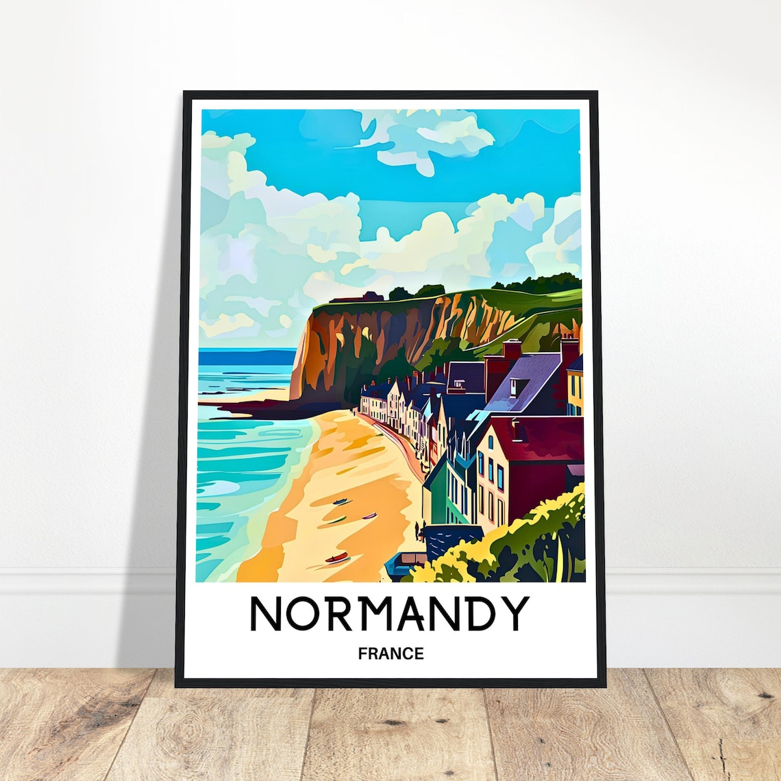 Normandy France Vintage Travel Poster White Cliffs Seaside Village Art