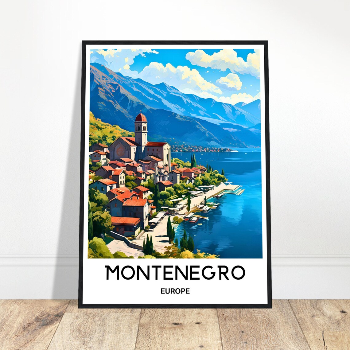 Montenegro Coastal Town Church Bay Mountain View Europe Travel Poster