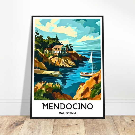 Mendocino Travel Print Poster Art Lover Gift Wall Hanging Home Office Decor Illustration