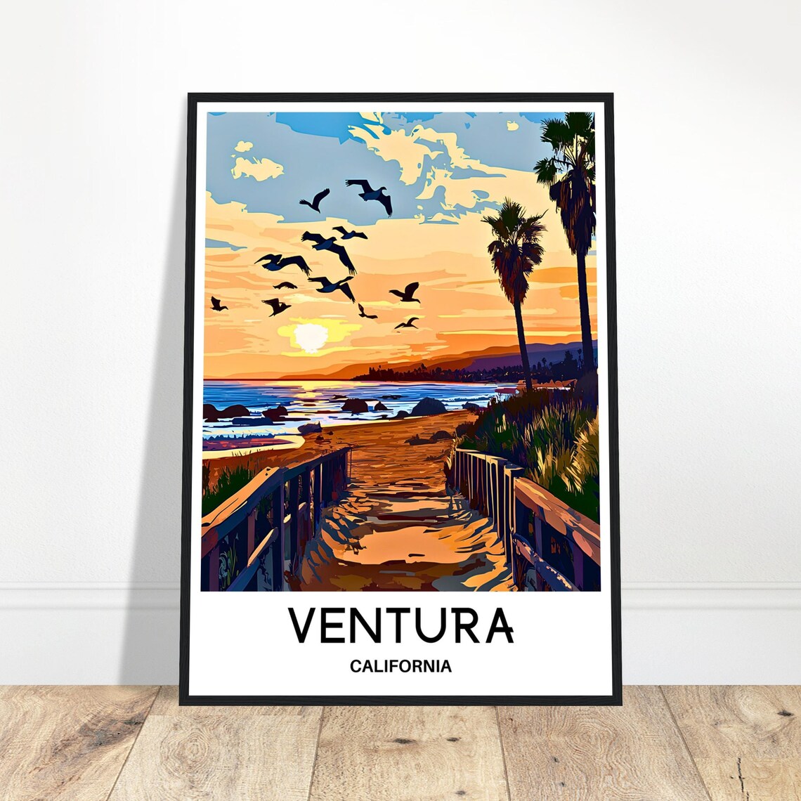 Ventura California Sunset Beach Boardwalk Travel Poster Palm Trees