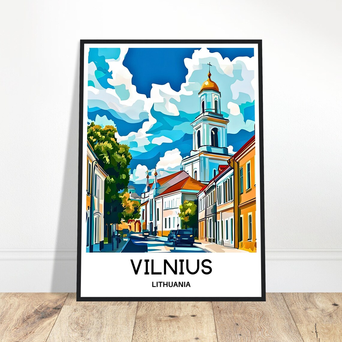 Vilnius Lithuania Old Town Church Tower Sunny Street Travel Poster