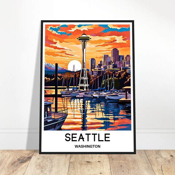 Seattle Travel Print Poster Art Washington Lover Gift Wall Hanging Home Office Decor Illustration