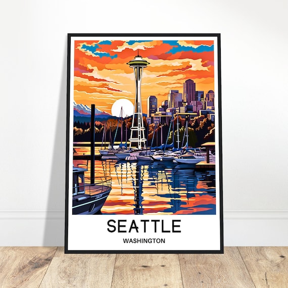 Seattle Washington Space Needle Sunset Marina Skyline Travel Poster