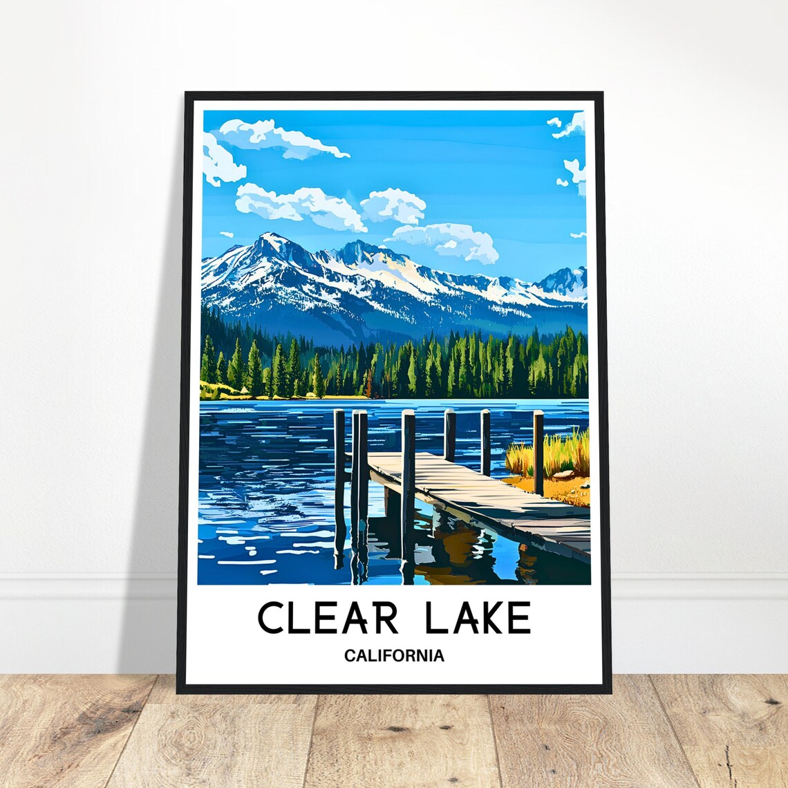 Clear Lake California Wooden Dock Mountain Lake Travel Art Poster