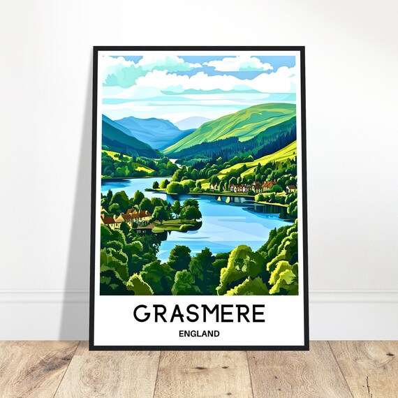 Grasmere Travel Print Poster English Art England Lover Gift Wall Hanging Village Illustration Home Office Decor