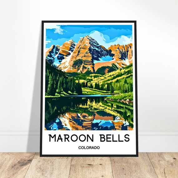 Maroon Bells Travel Print Poster Art America Lover Gift Wall Hanging Home Office Decor Colorado Illustration