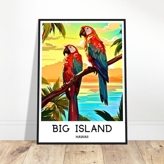 Big Island Hawaii Macaw Parrots Tropical Sunset Travel Poster