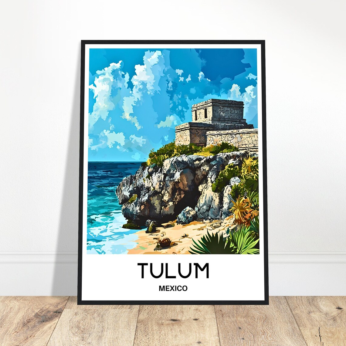 Tulum Mexico Mayan Cliff Ruins Caribbean Beach Vintage Travel Poster
