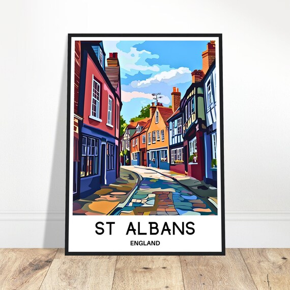 St Albans Travel Print Poster English Art England Lover Gift Wall Hanging Town Illustration Home Office Desk Decor