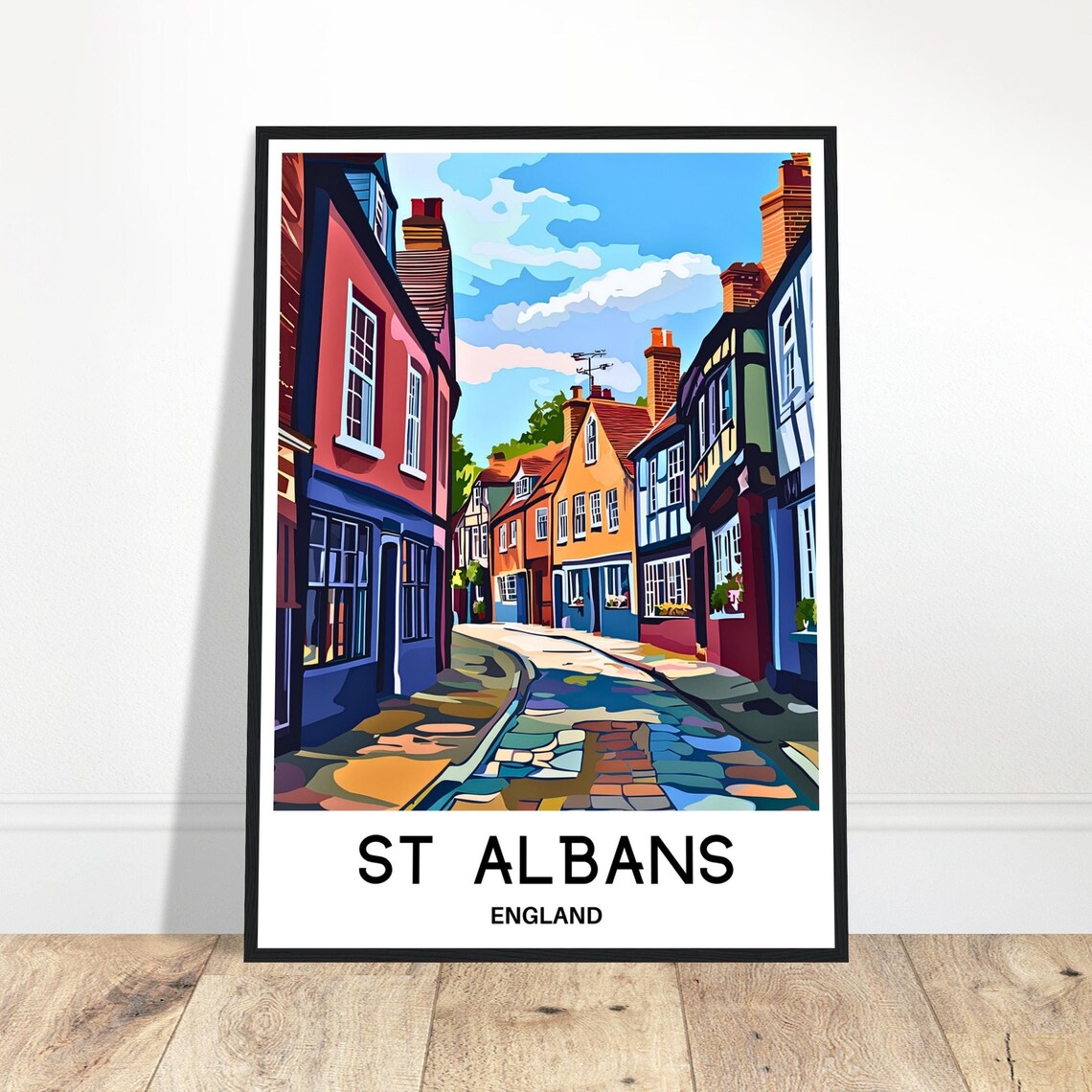 St Albans England Cobblestone Street Historic Buildings Travel Poster