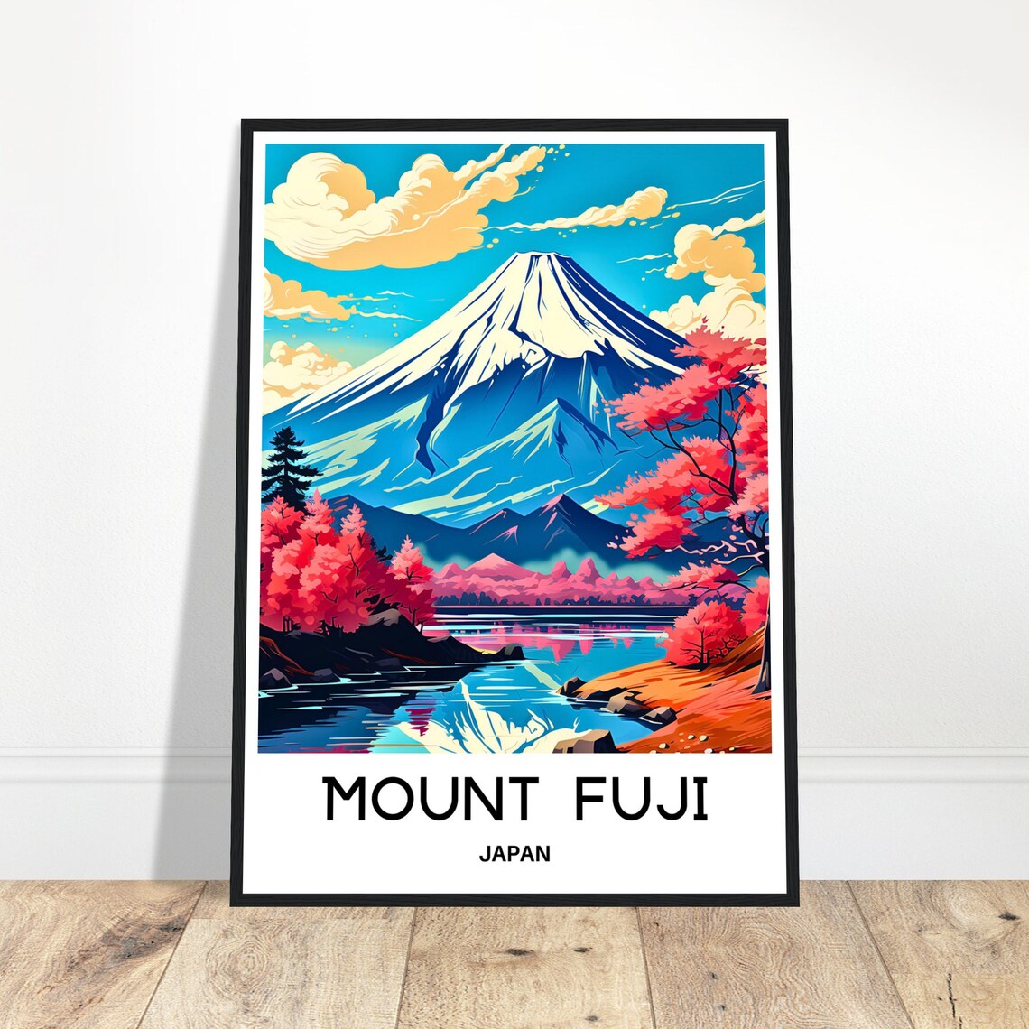 Mount Fuji Japan Cherry Blossom Lake Reflection Scenic Travel Poster