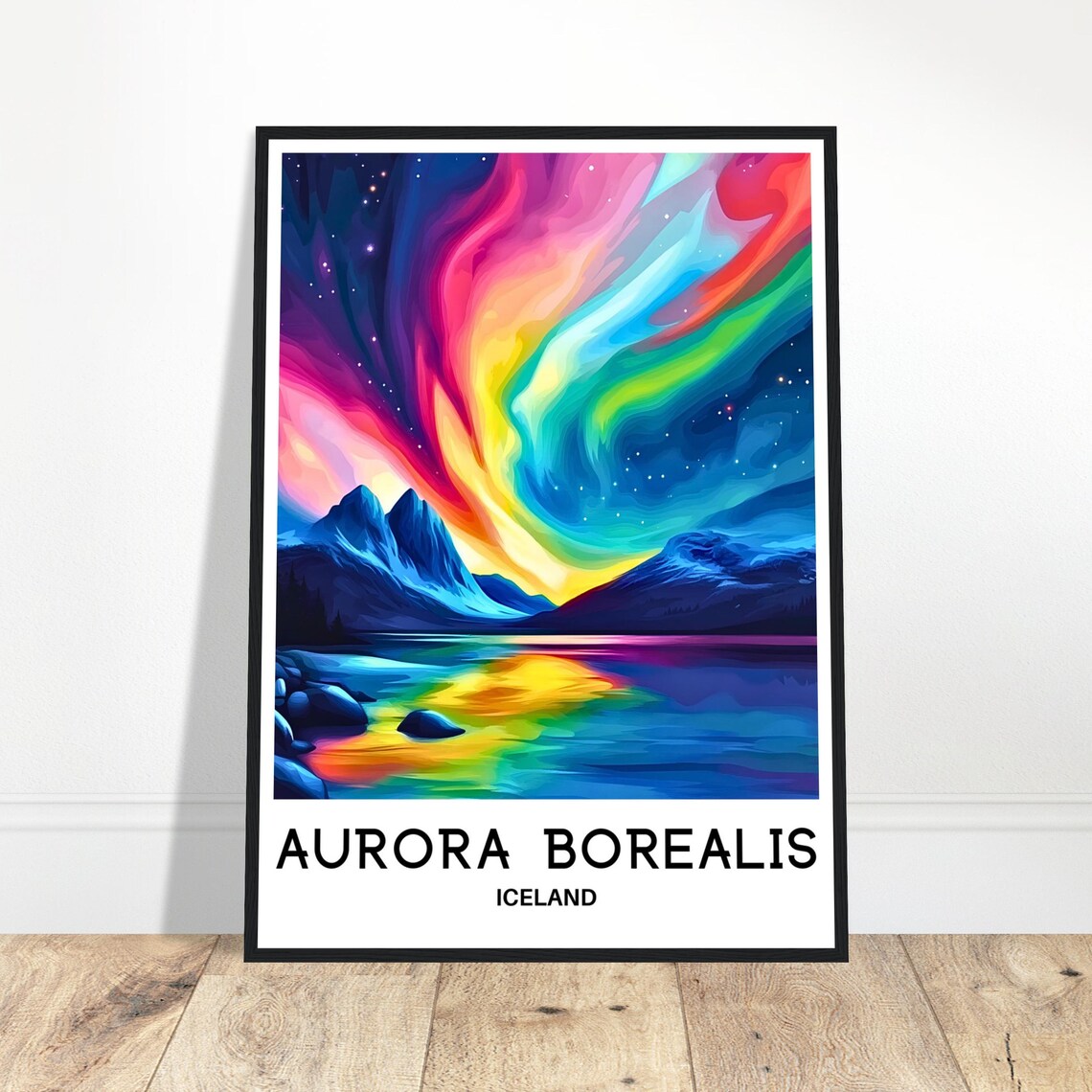 Aurora Borealis Iceland Rainbow Sky Mountain Lake Travel Poster