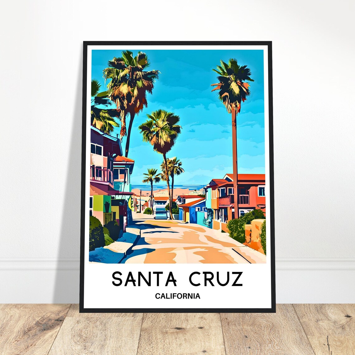 Santa Cruz California Palm Lined Street Beach Town Travel Poster