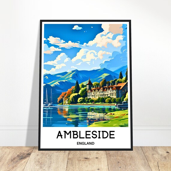 Ambleside Travel Print Poster English Art England Lover Gift Wall Hanging Home Office Decor Illustration