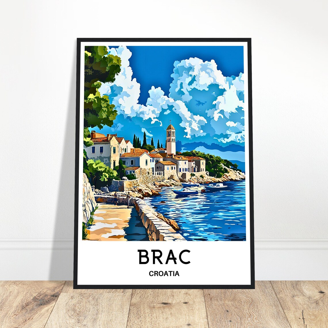 Brac Croatia Coastal Village Poster with Harbor Boats and Church