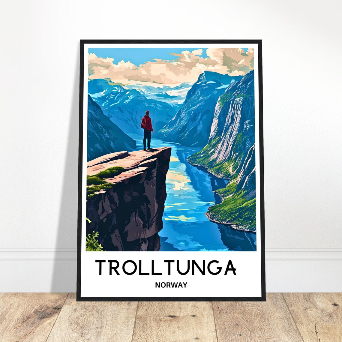 Trolltunga Norway Cliff Over Fjord Hiker Vintage Travel Poster