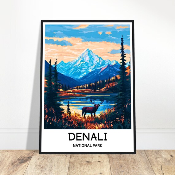 Denali National Park Travel Print Poster Art Alaska Lover Gift Wall Hanging Illustration Home Decor