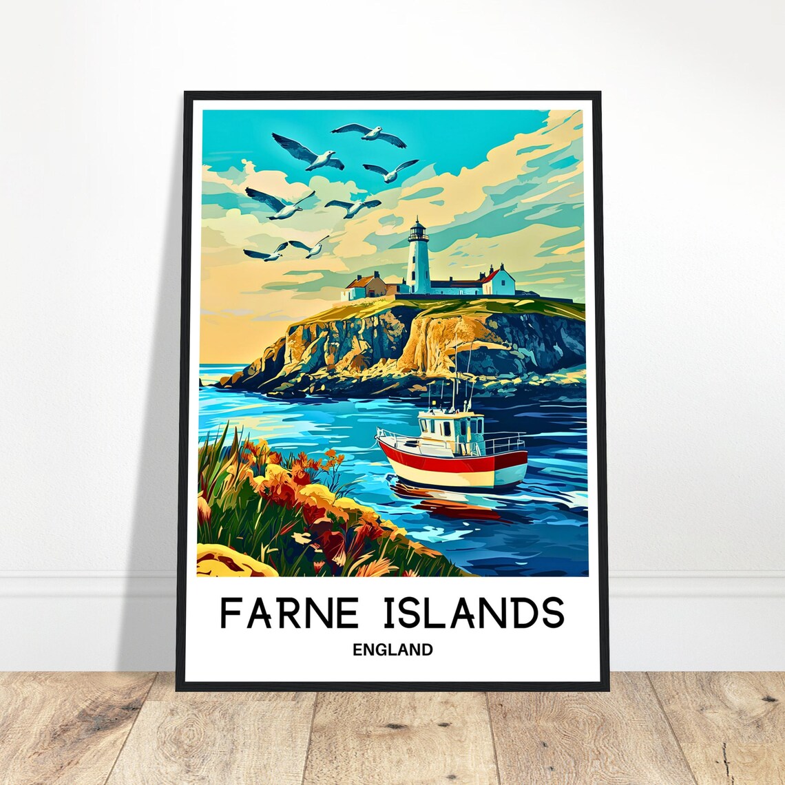 Farne Islands England Lighthouse Boat Seabirds Coastal Travel Poster