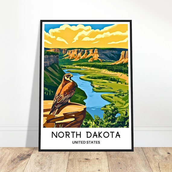 North Dakota River Canyon Hawk Cliff United States Travel Poster