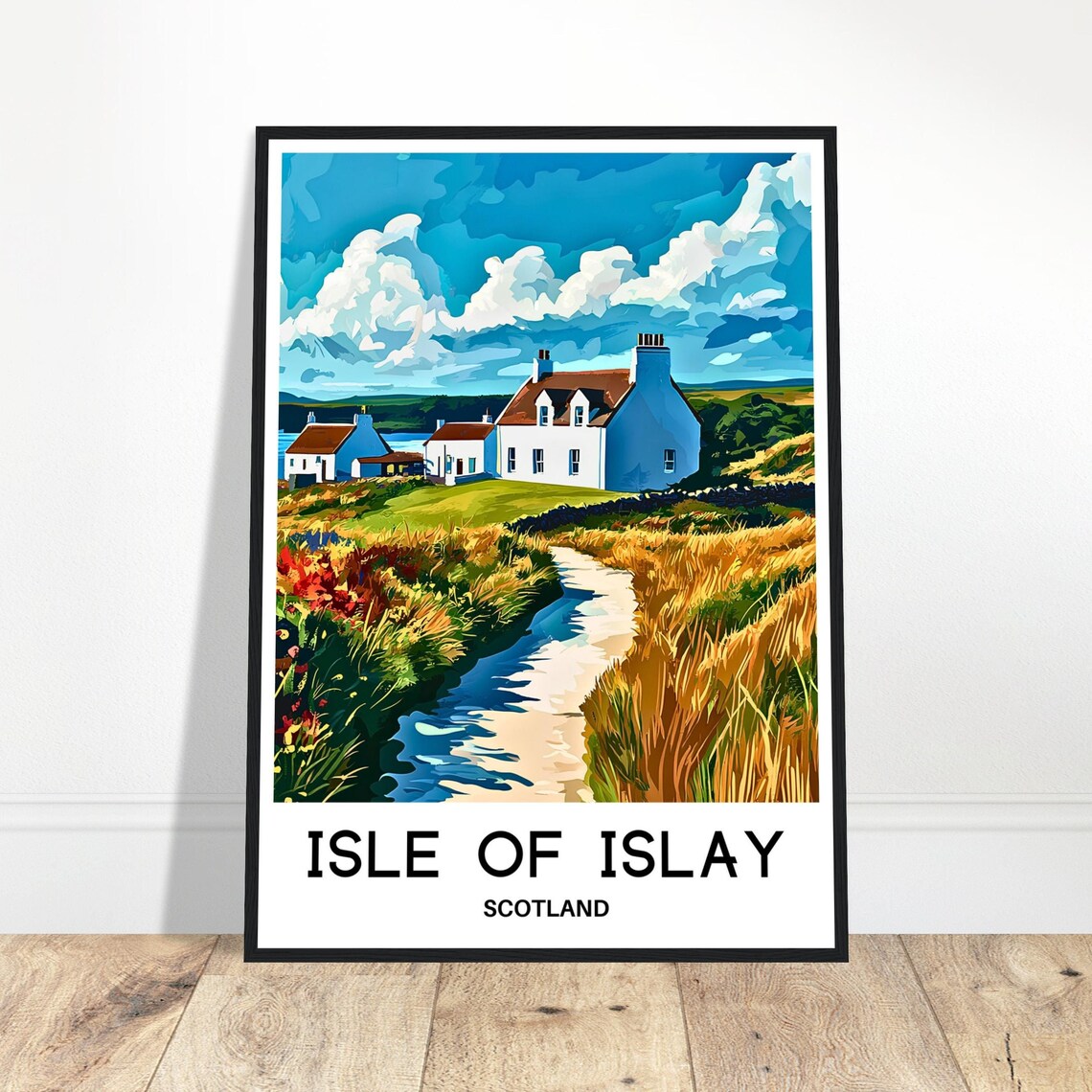 Isle of Islay Scotland White Cottages Golden Grass Path Poster