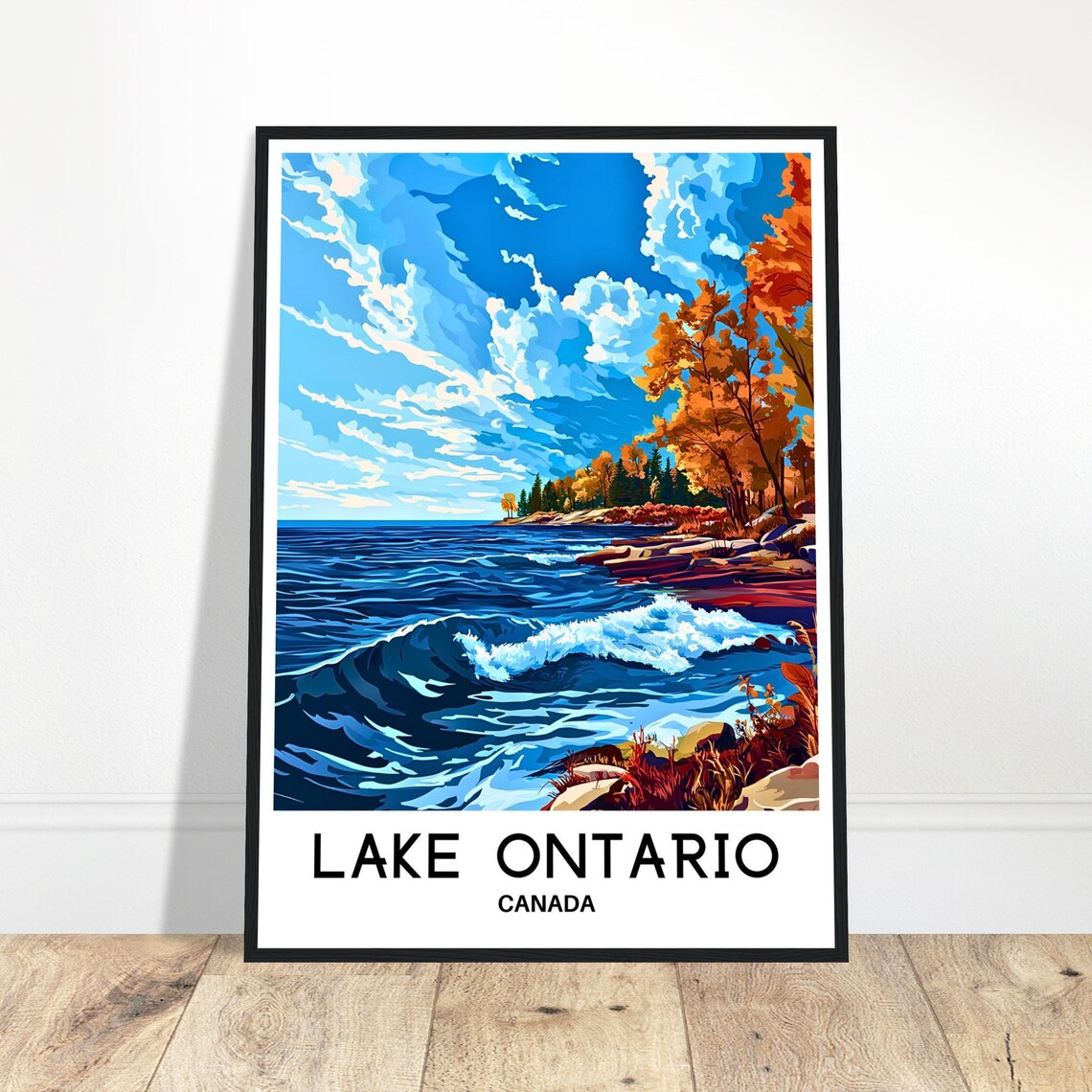 Lake Ontario Canada Autumn Travel Poster Rolling Waves Shoreline Art