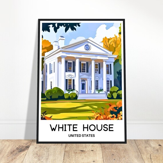 White House Travel Print Washington Poster Art America Lover Gift Wall Hanging Home Office Decor Illustration