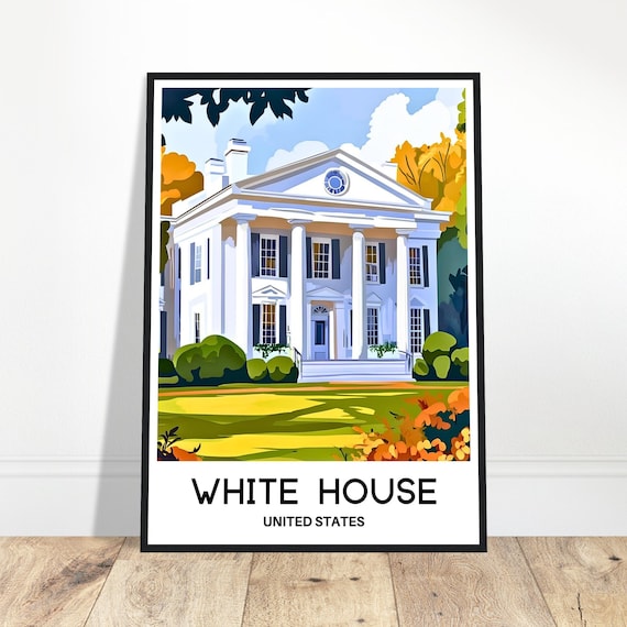 White House United States Columned Mansion Landmark Travel Poster