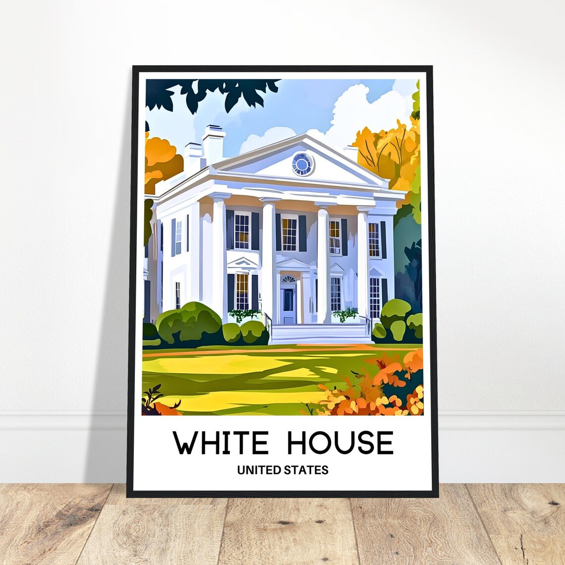 White House United States Columned Mansion Landmark Travel Poster