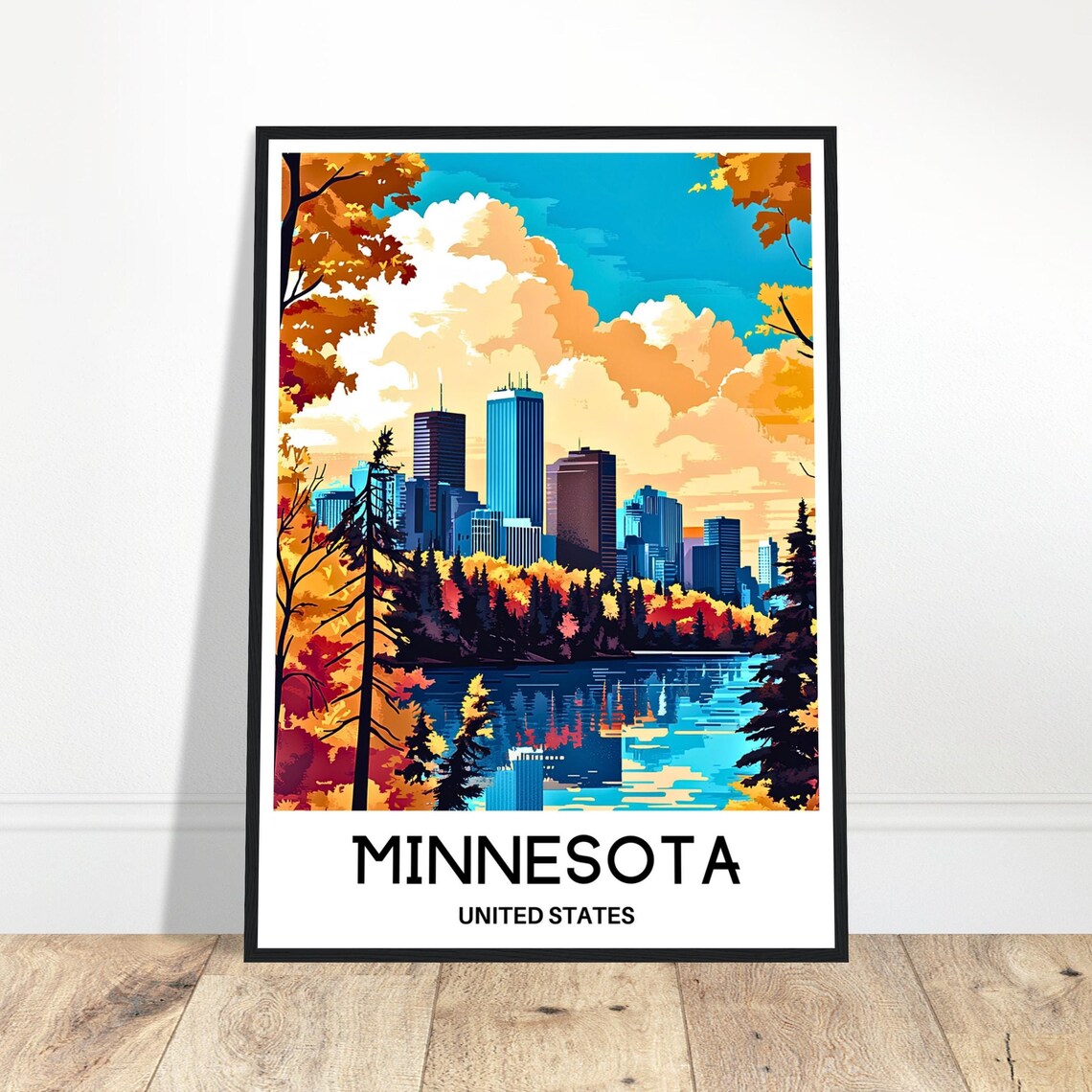 Minnesota Autumn Skyline Reflected On Lake Travel Illustration Poster