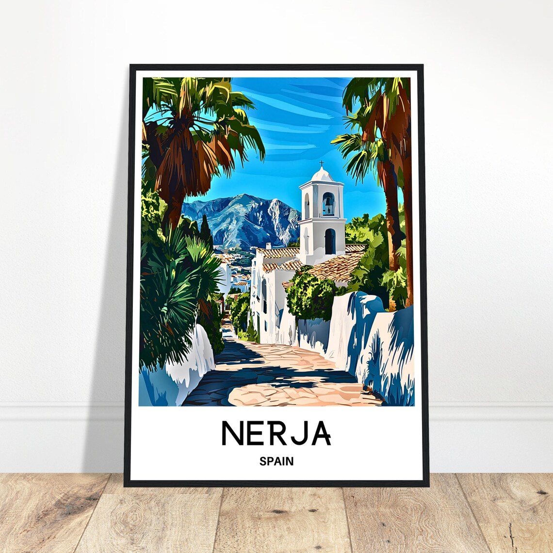 Nerja Spain Whitewashed Street Poster with Church Tower and Palms