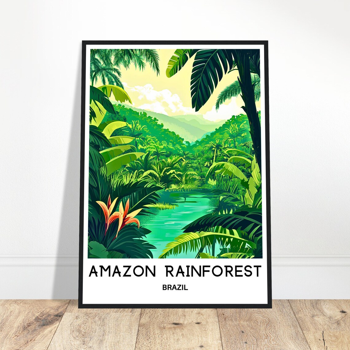 Amazon Rainforest Brazil Lush Green River Palm Fronds Nature Travel Poster