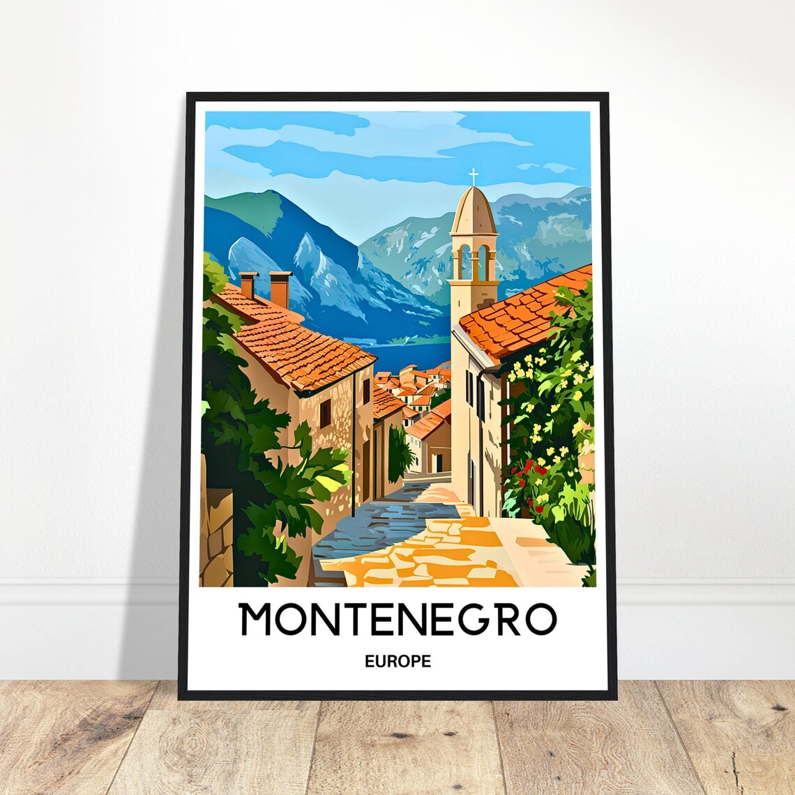 Montenegro Old Town Bell Tower Bay Adriatic Mountains Travel Poster