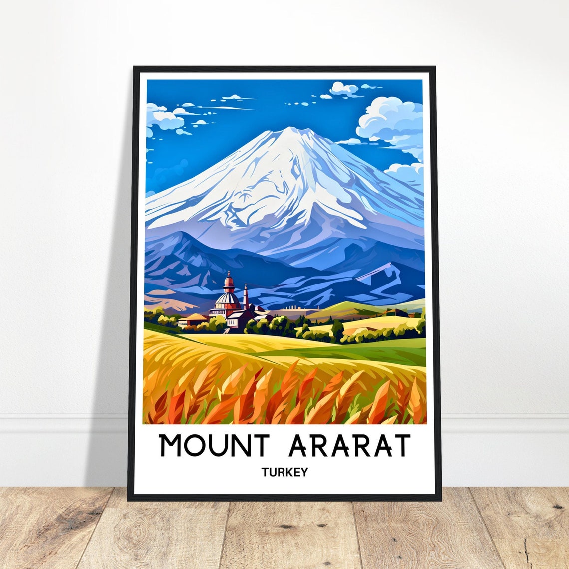 Mount Ararat Snow Capped Peak Above Turkish Village Fields Poster