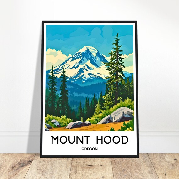 Mount Hood Travel Print Poster Art Oregon Lover Gift Wall Hanging Illustration Home Office Decor