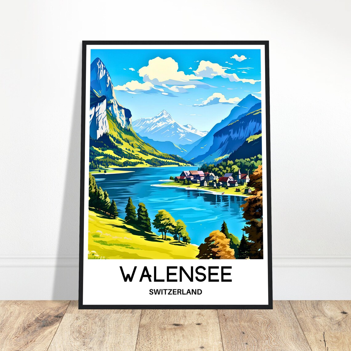 Walensee Switzerland Alpine Lake Village Lakeside View Travel Poster