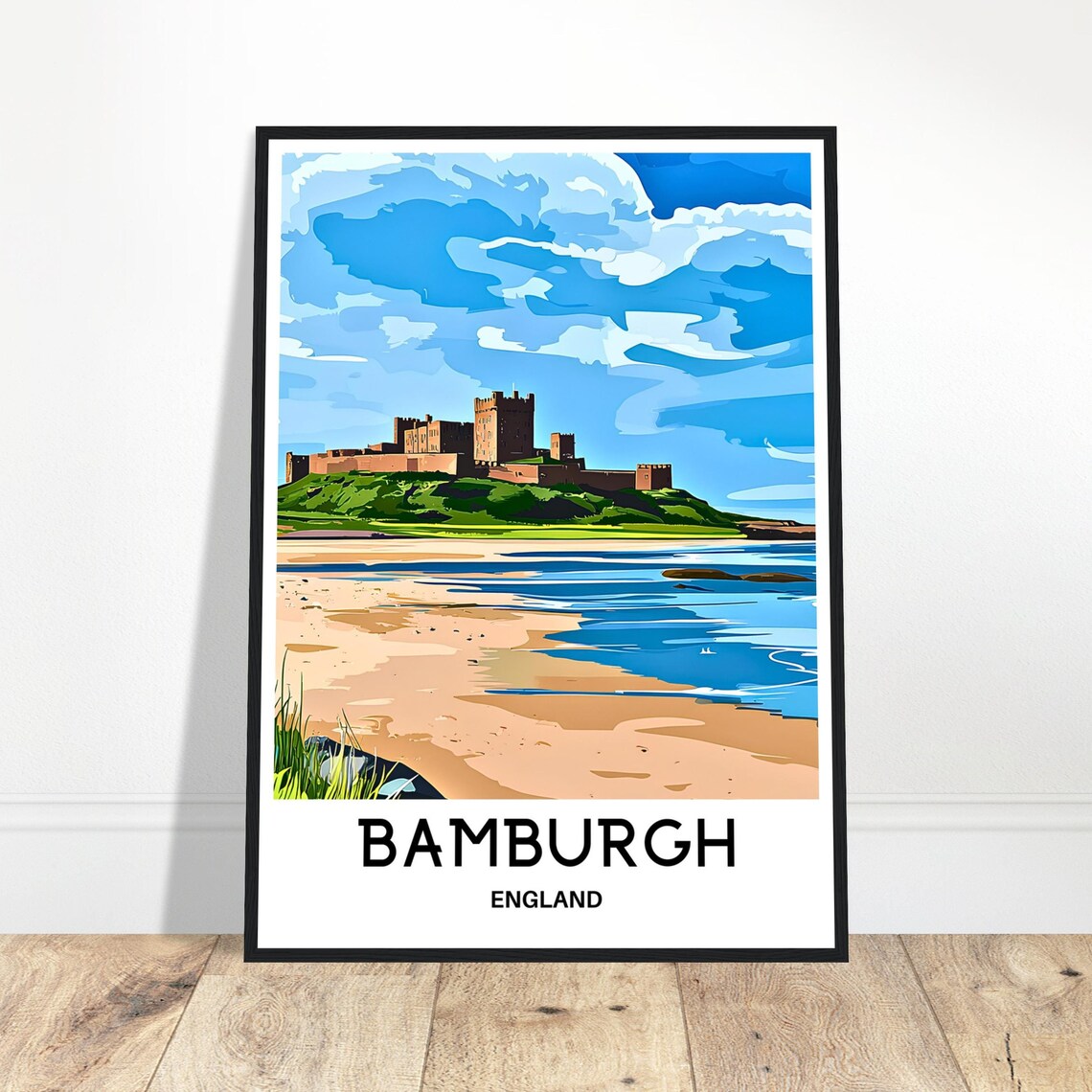 Bamburgh England Castle On The Beach Retro Coastline Travel Poster