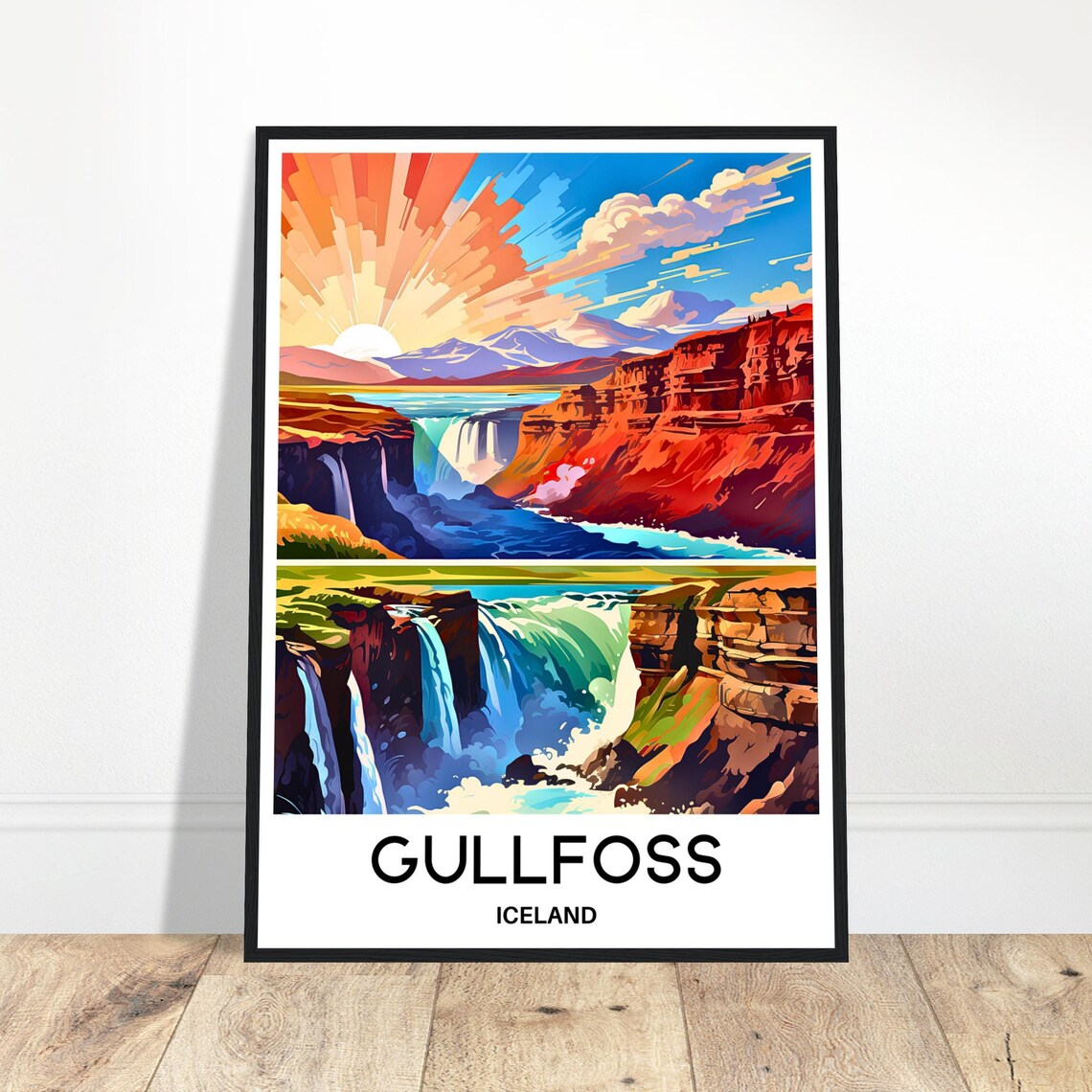 Gullfoss Travel Poster, Iceland Waterfall Illustration