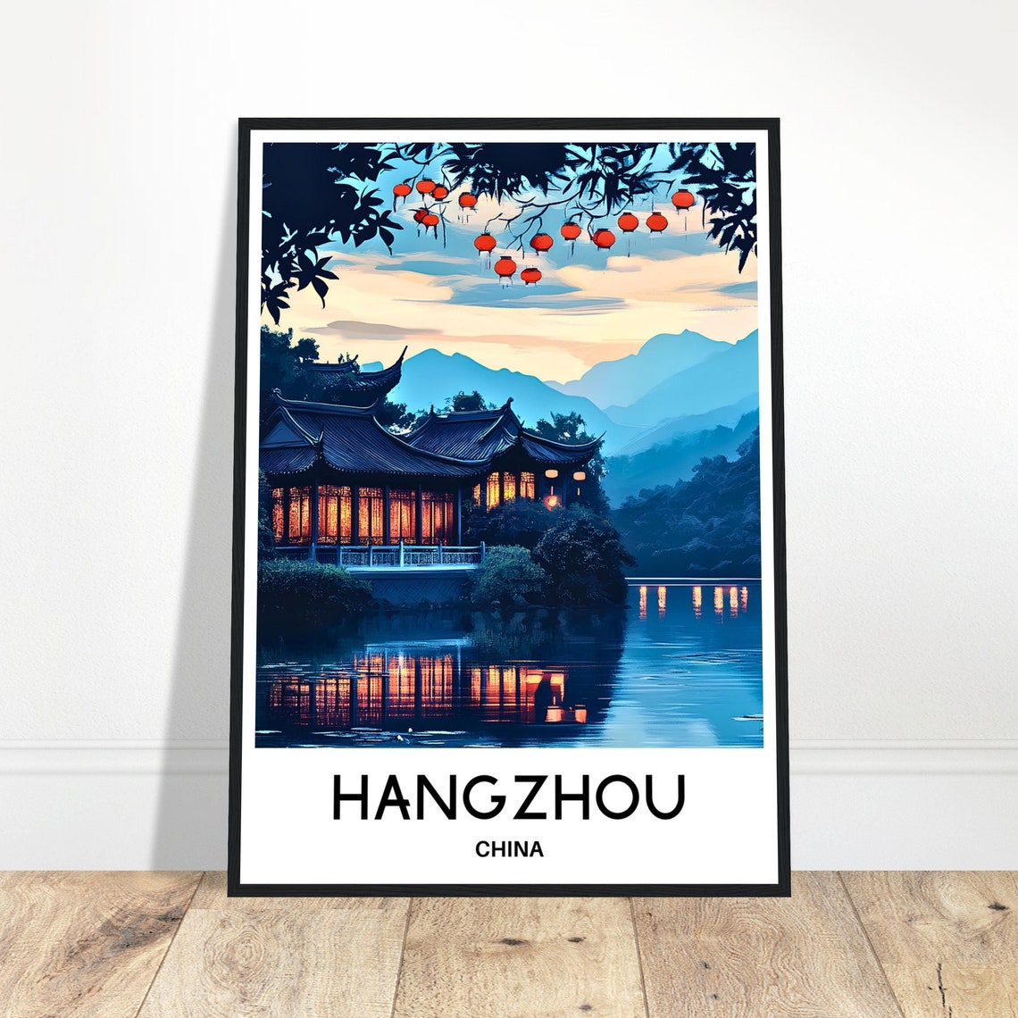 Hangzhou China Travel Poster with Red Lantern Reflections on the Lake
