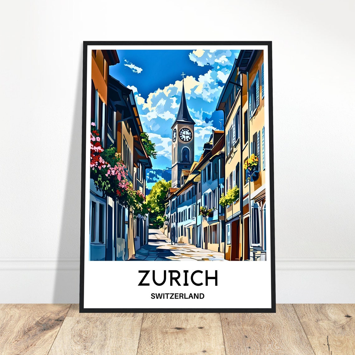 Zurich Switzerland Old Town Clock Tower Street Illustration Poster