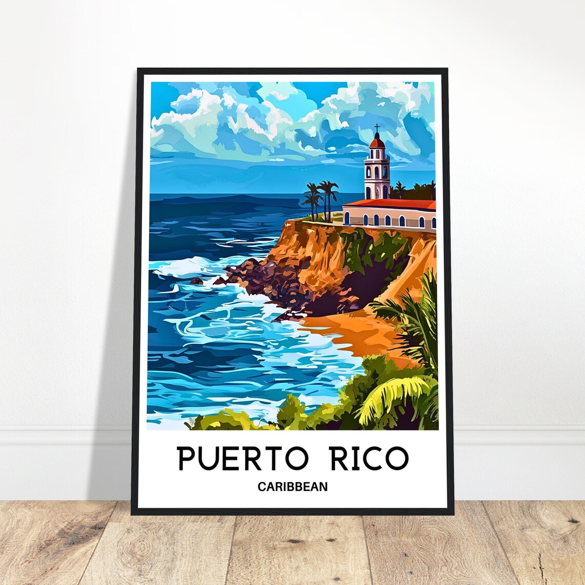 Puerto Rico Caribbean Coastal Cliff Lighthouse Church View Poster